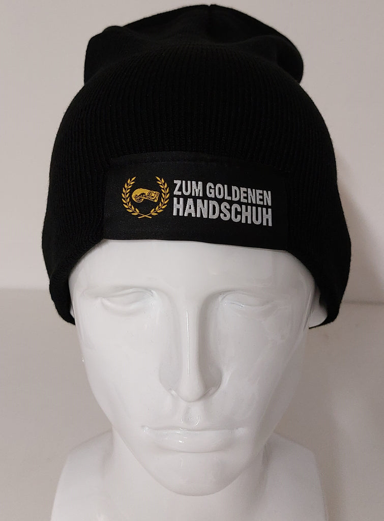 mütze mit handschuhen dran Beanie Mütze, schwarz mit goldenem Logo, Loop-Label